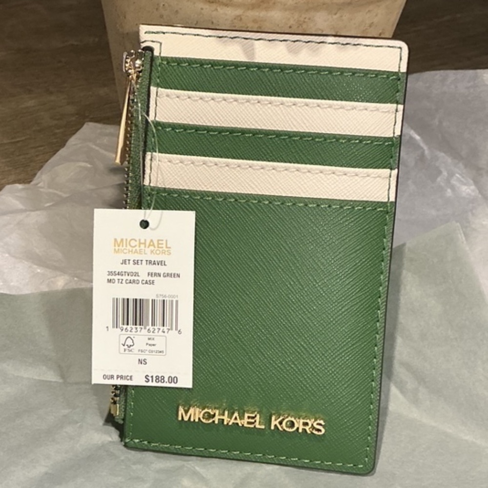 Michael Kors Leather Jet Set Travel MD TZ Card Case, Fern Green